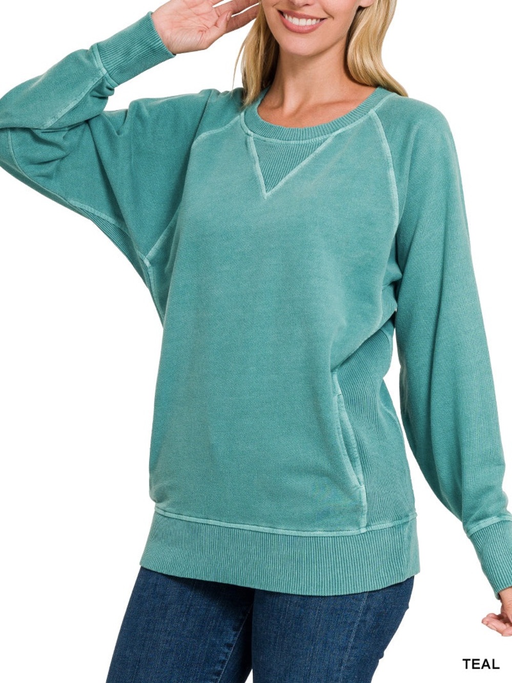 Zenana Pigment Dyed French Terry Pullover with Pockets in Teal